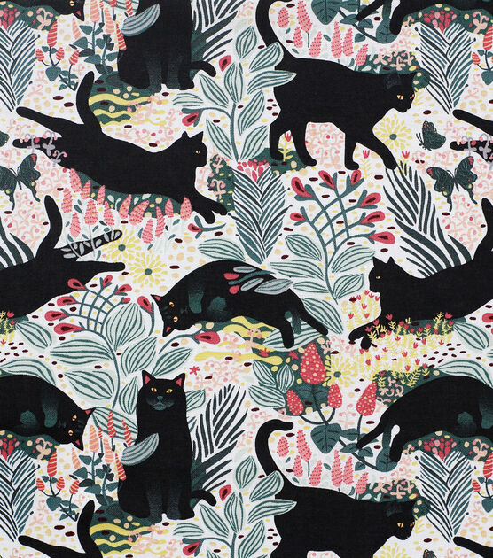 Black Cats On Floral Novelty Cotton Fabric