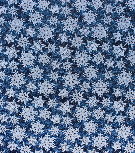 Snowflakes on Blue Christmas Glitter Cotton Fabric