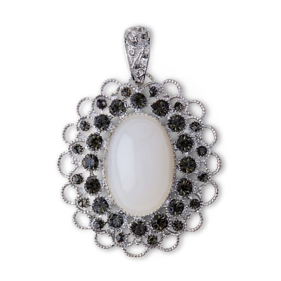 Silver Oval Scalloped Pendant With Ivory Stone by hildie & jo, , hi-res, image 2