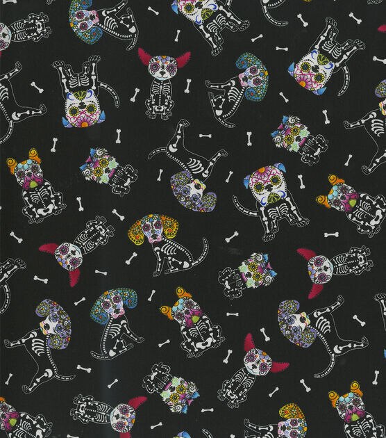 Hi Fashion Sugar Skull Dogs Halloween Cotton Fabric