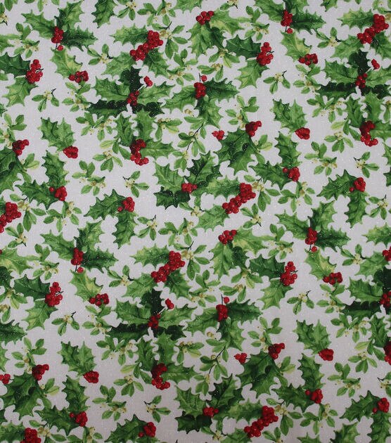 Holly Leaves on White Glitter Christmas Cotton Fabric, , hi-res, image 2