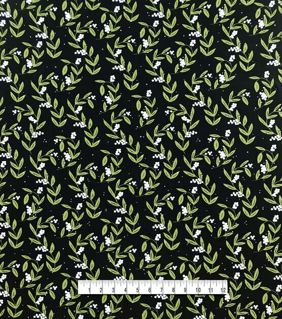 Black Green White Flowers Double Brush Poly Knit Prints Fabric, , hi-res, image 5