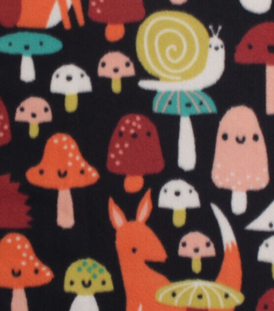 Fox & Mushrooms on Black Blizzard Fleece Fabric