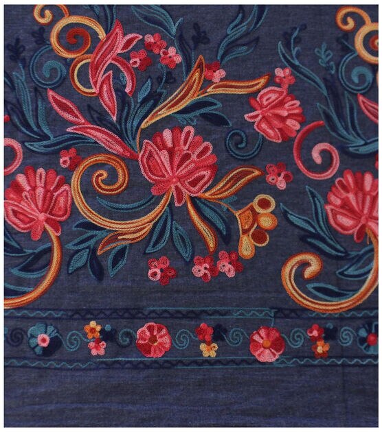 Dark Wash Multicolor Border Floral Embroidery Cotton Denim Fabric