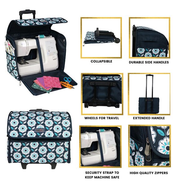 XL 4 Wheel Collapsible Deluxe Rolling Sewing Machine Storage Case, Black  Quilted