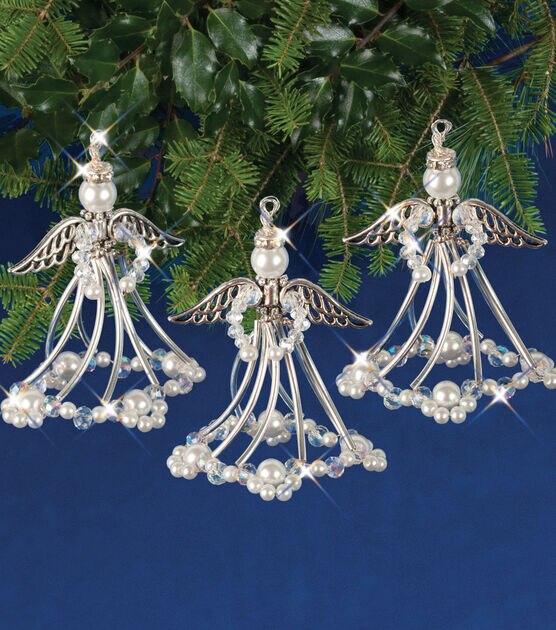 Solid Oak Nostalgic Christmas Beaded Crystal Ornaments Kit Silver Angels, , hi-res, image 2