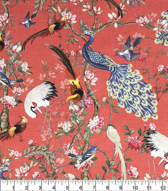 Asian Peacocks On Red Premium Cotton Fabric, , hi-res, image 2