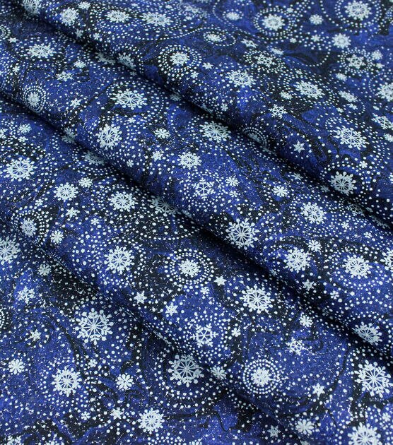 Snowflakes on Dark Blue Christmas Glitter Cotton Fabric, , hi-res, image 2