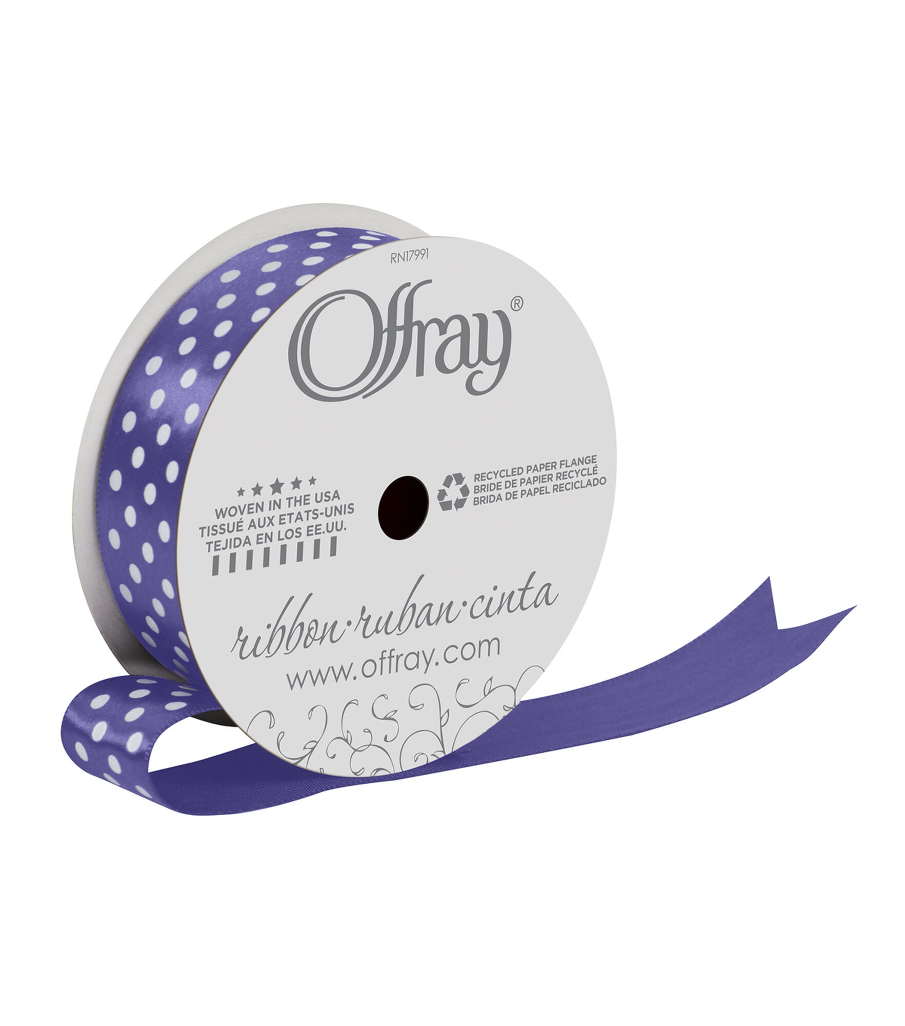 Offray 7/8" x 9' Polka Dot Single Faced Satin Ribbon, Purple, hi-res