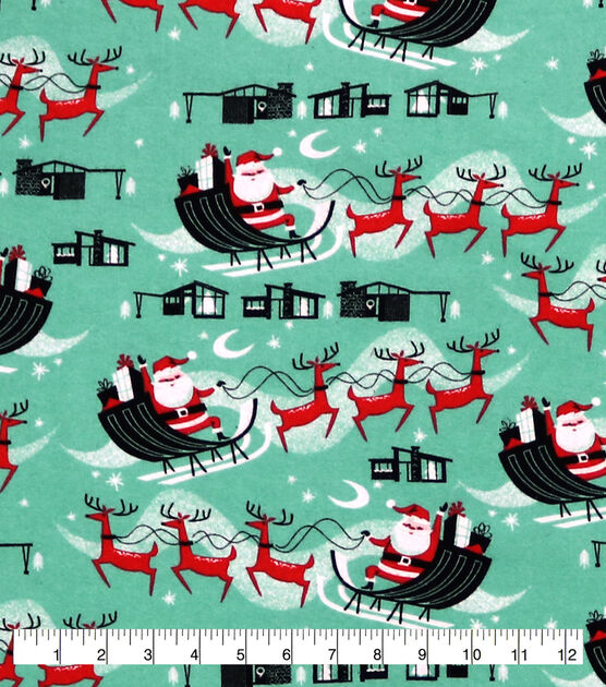 Santa Sleigh on Aqua Super Snuggle Christmas Flannel Fabric