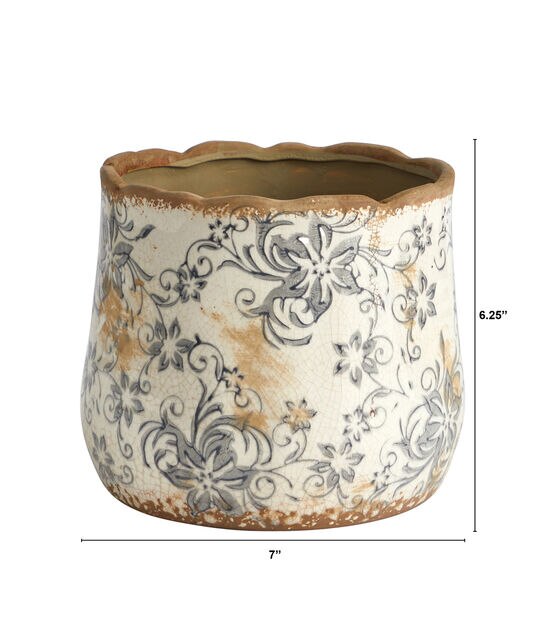 Nearly Natural 7" Tuscan Ceramic Gray Scroll Planter, , hi-res, image 2