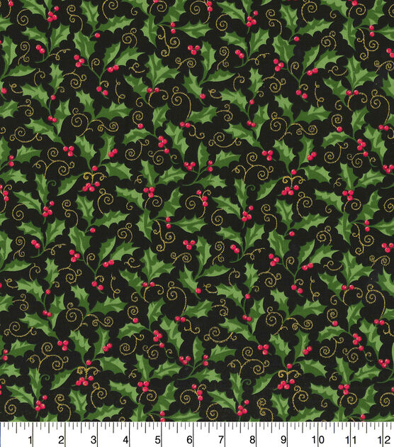 Fabric Traditions Glitter Holly Scroll Christmas Cotton Fabric