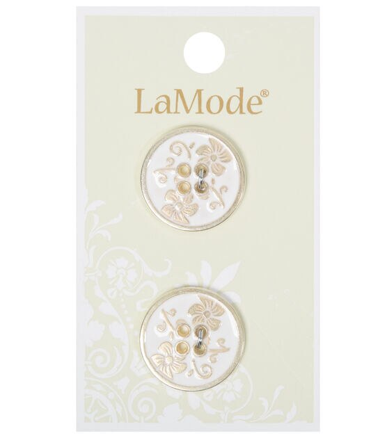 La Mode 3/4" Gold Flowers on White 4 Hole Buttons 2pk