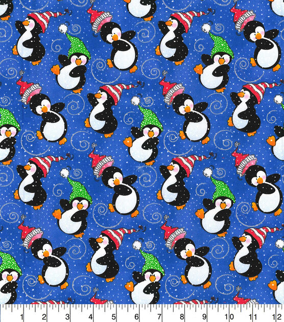 Fabric Traditions Dancing Penguins on Blue Christmas Cotton Fabric, , hi-res, image 2