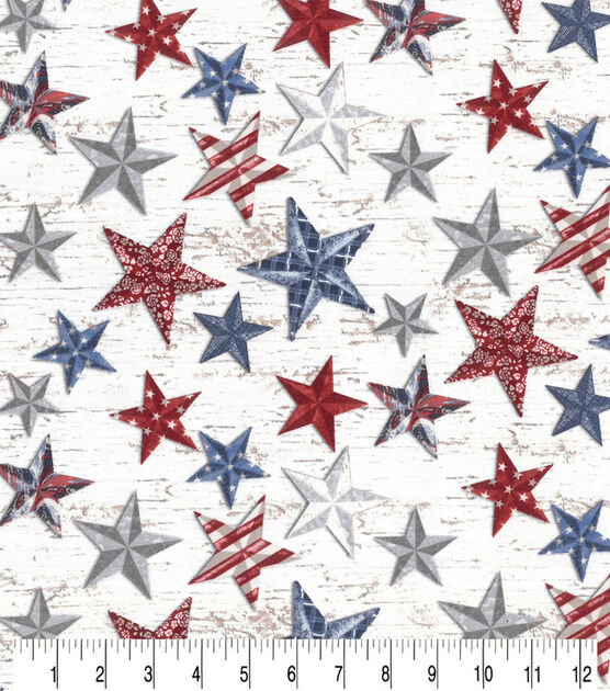 Multi Colored Stars on White Plank Patriotic Cotton Fabric