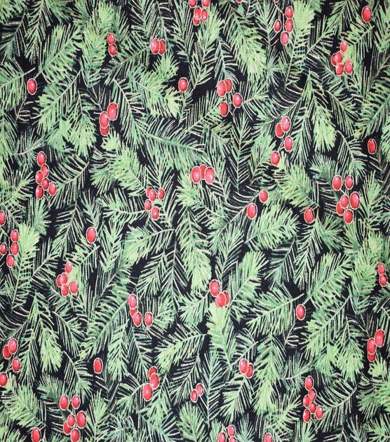 Pine & Berries on Black Christmas Metallic Cotton Fabric