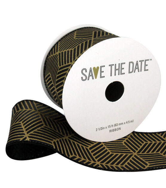 Save the Date 2.5" x 15' Gold Geometrics on Black Ribbon