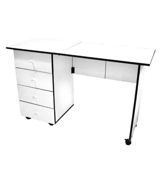 Sewing Craft Table, Art Desk with Storage Shelves and Lockable Casters,  White
