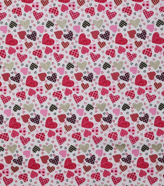 Tossed Patterned & Glitter Hearts Valentine's Day Cotton Fabric, , hi-res, image 2