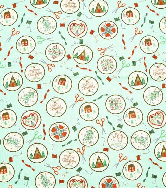 Crafty Embroidery Icons on Mint Christmas Cotton Fabric, , hi-res, image 1