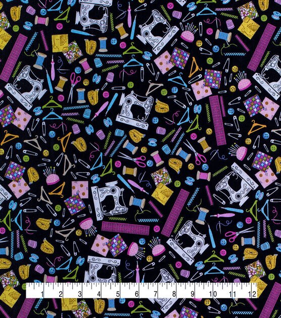 Novelty Cotton Fabric Tossed Sewing Notions Black