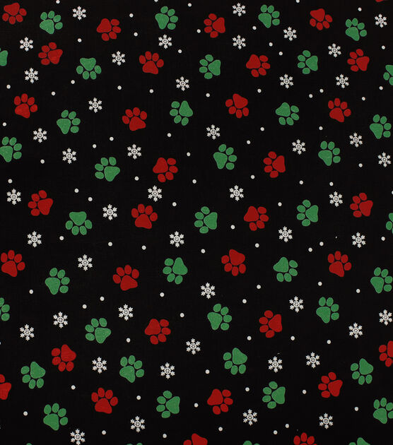 Red & Green Paw Prints Christmas Cotton Fabric
