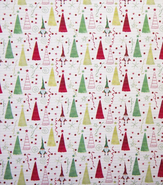 Gnomes & Trees on White Christmas Cotton Fabric