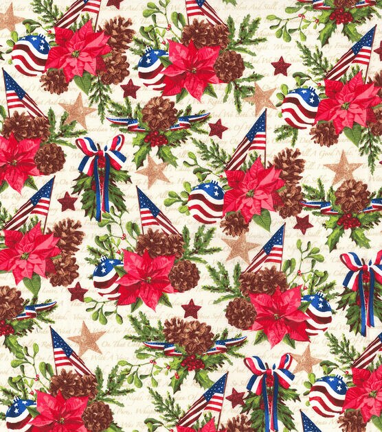 Fabric Traditions America Poinsettia & Star Christmas Cotton Fabric, , hi-res, image 2