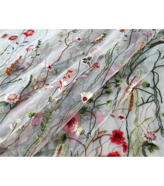 Spring Flowers & Butterflies Embroidered Tulle Fabric - OneYard