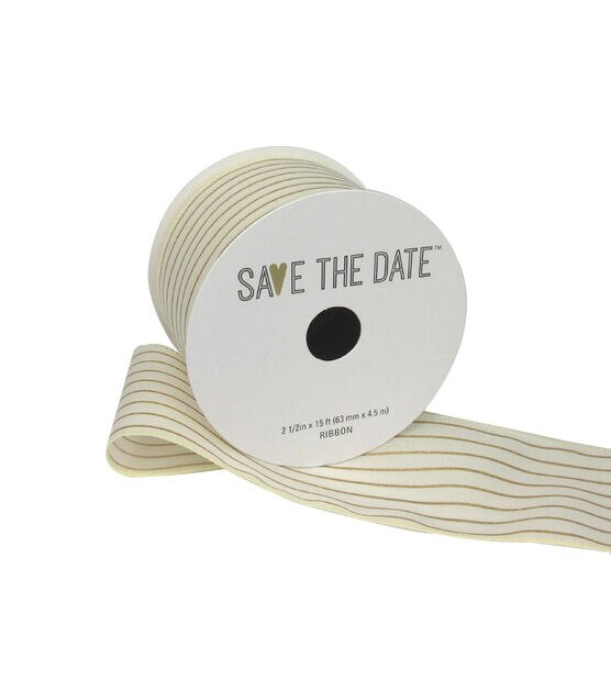 Save the Date 2.5" x 15' Gold Stripes on Ivory Ribbon