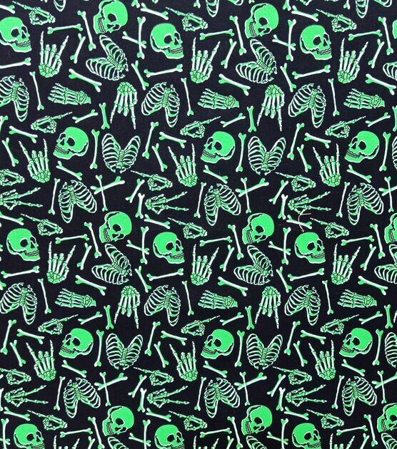 Glow In The Dark Halloween Bones & Skulls Cotton Fabric