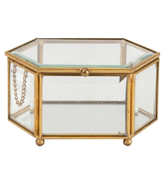 Home Details 5.5" x 4" Gold Vintage Mirrored Diamond Glass Keepsake Box, , hi-res, image 2