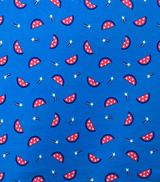 Blue Glitter Watermelon and Stars Cotton Interlock knit Fabric By POP!