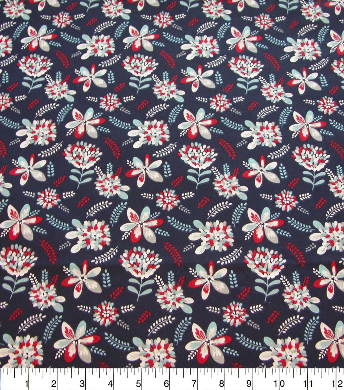 RED  &  BLUE  CATS  &  WHITE  FLOWERS  ON  NAVY    Cotton Fabric   33" x 44"
