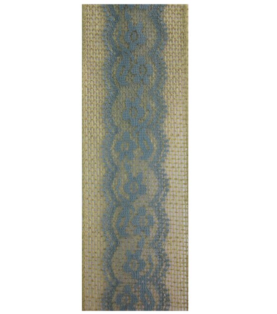 Decorative Ribbon Lace on Burlap 2.5''x12' Teal, , hi-res, image 2