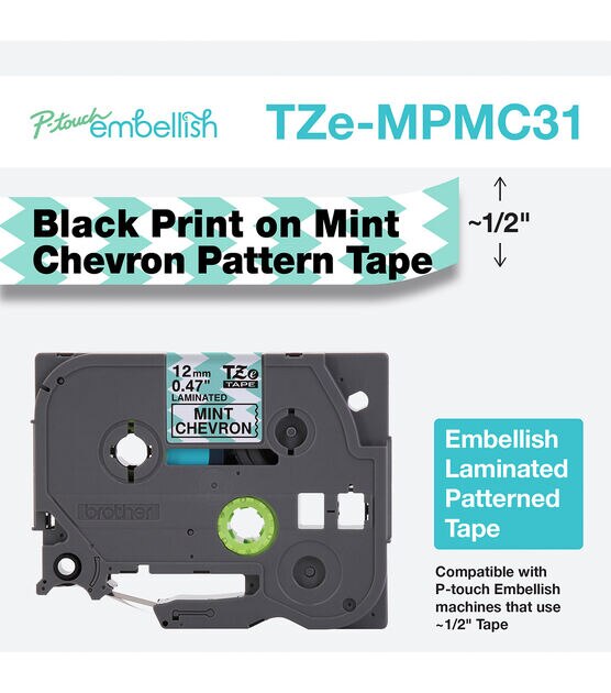 Brother P touch Embellish Patterned Tape Black Print on Mint Chevron