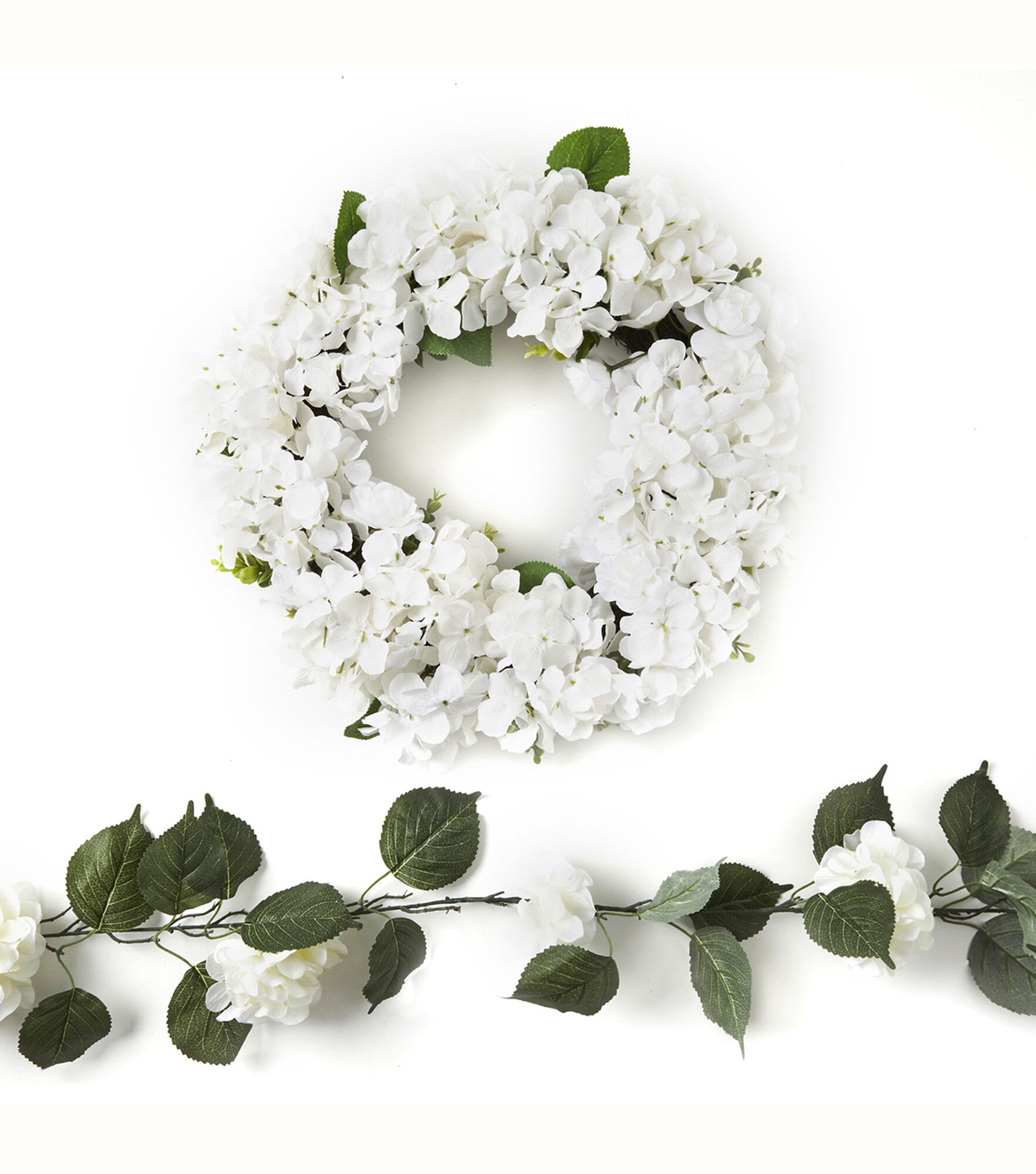 Matching Spring White Hydrangea & Rose Wreath & Garland