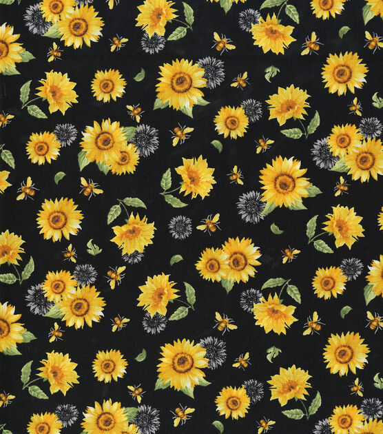 Hi Fashion Sunflowers And Bees Black Premium Print Cotton Fabric