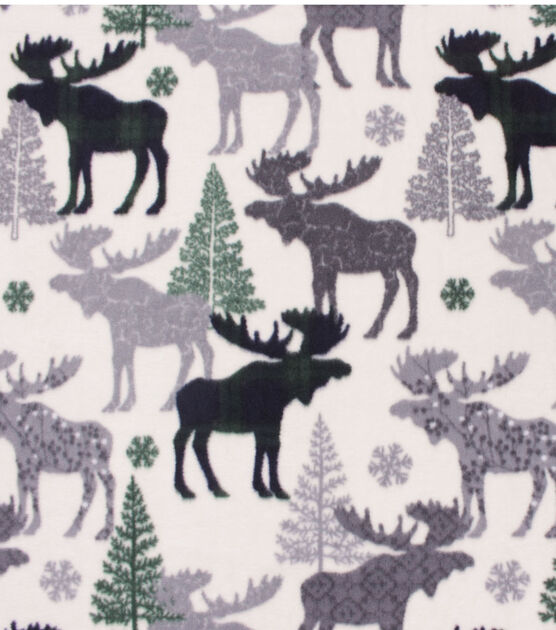 Navy & Green Patterned Moose & Trees Anti Pill Fleece Fabric, , hi-res, image 2