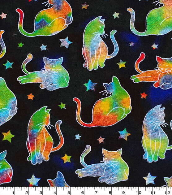 Novelty Cotton Fabric Rainbow Tie Dye Cats