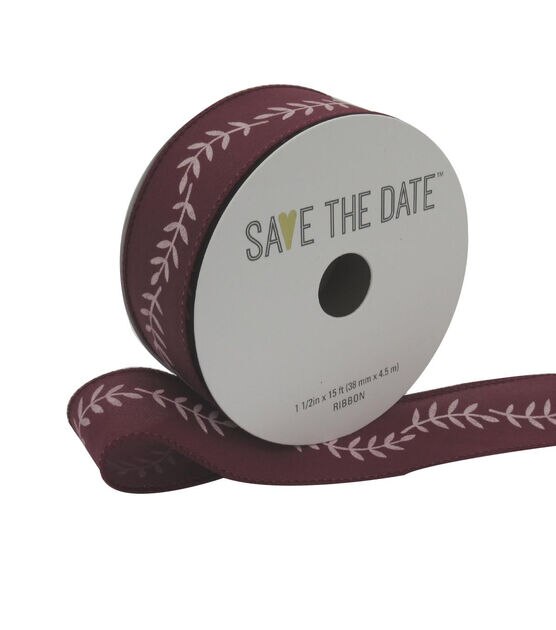 Save the Date 1.5" x 15' Blush Ferns on Cranberry Ribbon, , hi-res, image 1