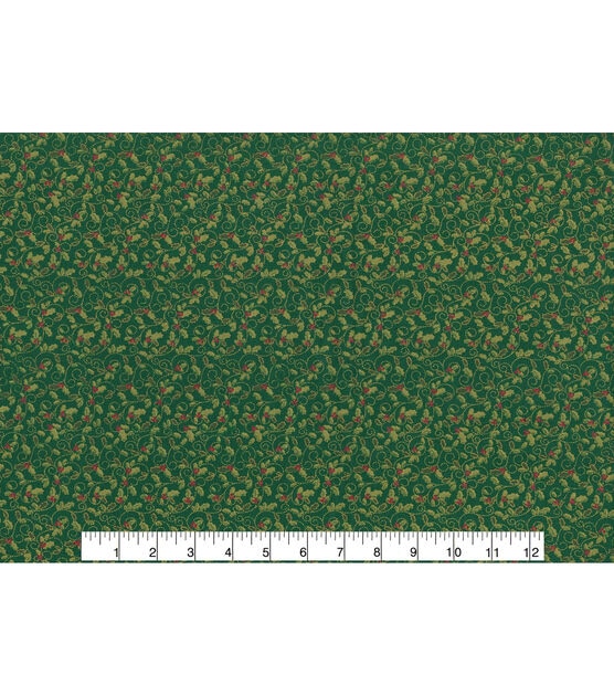 Green Holly Christmas Metallic Cotton Fabric, , hi-res, image 2