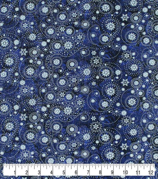 Snowflakes on Dark Blue Christmas Glitter Cotton Fabric