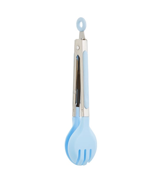 8" Blue Nylon Spoon Tongs With Stainless Steel Handle by STIR, , hi-res, image 2