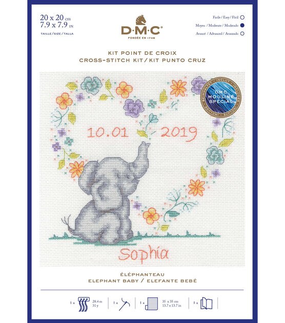 DMC 7" x 7" Elephant Baby Sampler Cross Stitch Kit