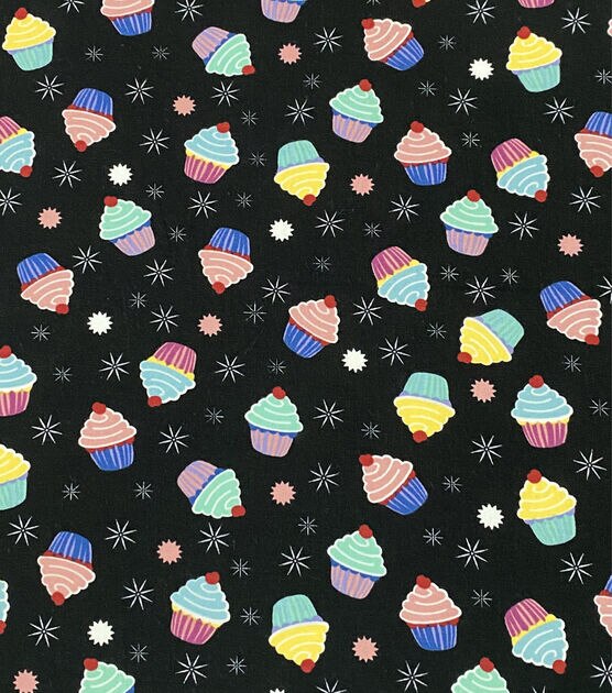 Cupcakes Tossed On Black Novelty Cotton Fabric