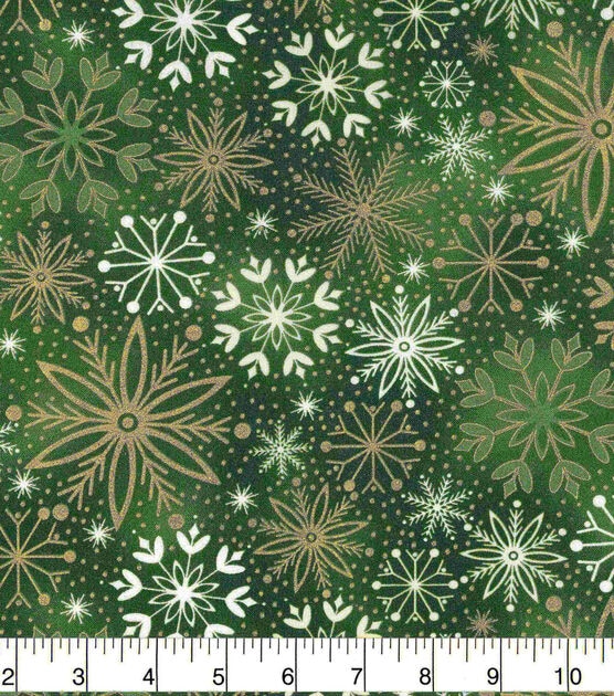 Green Red Snowflakes Christmas Foil Cotton Fabric, , hi-res, image 2