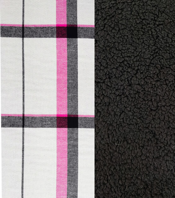 Hot Pink Plaid & Black Backed Sherpa Fabric, , hi-res, image 1