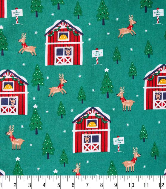 Reindeer Barn on Green Christmas Cotton Fabric by POP!