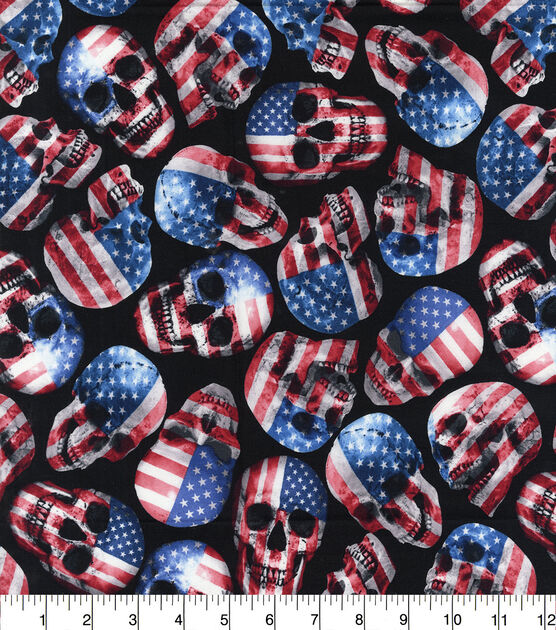 Hi Fashion Flag Skulls On Black Patriotic Cotton Fabric, , hi-res, image 2